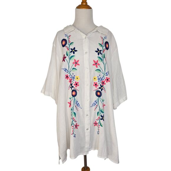 Woman Within Plus Size Embroidered Gauze Shirt Floral White Beach Summer 3X - Picture 2 of 14